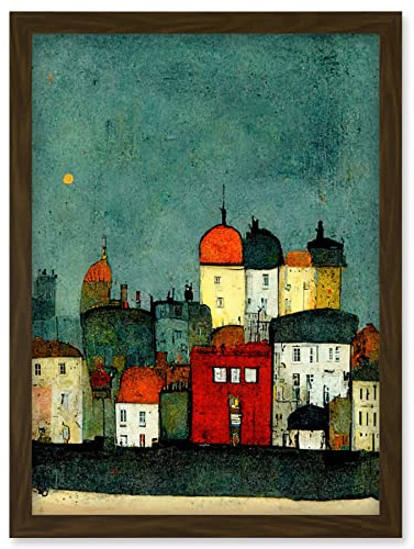 Doppelganger33 LTD Playful Town Skyline Scene At Night With Pastels And Ink Artwork Framed Wall Art Print A4