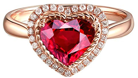 Ayoiow Damen Verlobungsring, Ringe Damen Nickelfrei Herz 1.37 Karat Rot Tourmaline Ring 0.15 Karat Damen Ring Steinchen Ringe Roségold Größe 62 (19.7)