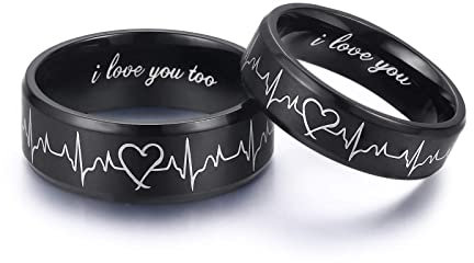 Wycian Ringe Edelstahl Damen, Matching Rings Sun Moon 2 Stück Schwarz Mattes EKG für Paare Valentinstag Größe Damen 62 (19.7) Herren 65 (20.7)
