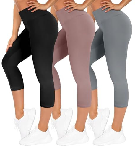 TNNZEET 3er Pack Capri Leggings Damen 3/4 für Sport, 7/8 Leggins High Waist Hose Sporthose für Gym Yoga(Hellgrau/Hautfarbe/Schwarz,S-M)