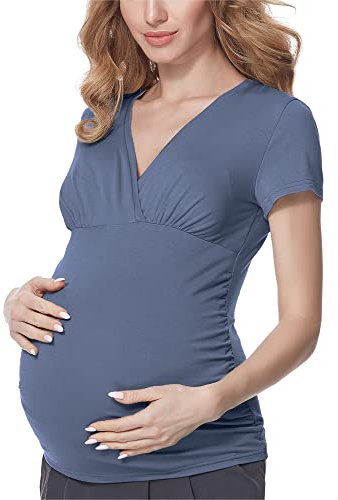 Bellivalini Damen Umstandsshirt mit Stillfunktion Kurzarm V-Ausschnitt BLV50-123 (Jeans, XL)