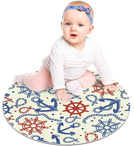 Maschinenwaschbarer runder Teppich für den Innenbereich, ultraweich, Schlafzimmerboden, Sofa, Wohnzimmer, Wohnheim, Kleiner runder Teppich,Anker Marineblau Karikatur
