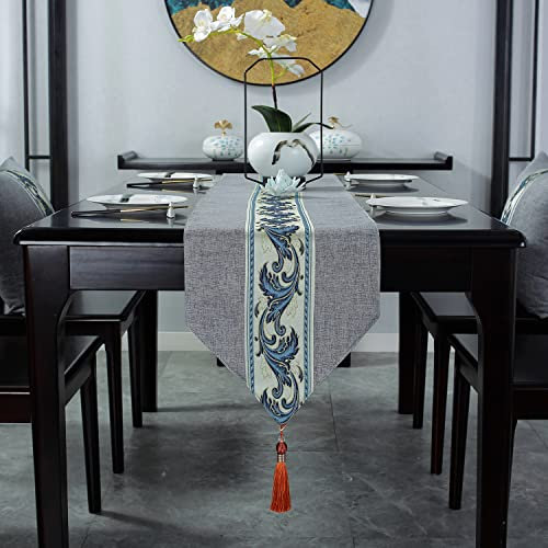 Tischläufer Ethno Muster, Tischläufer Grau Modern Baumwolle Klassische Stickerei für Party, Kommode und Esszimmer 80X33cm