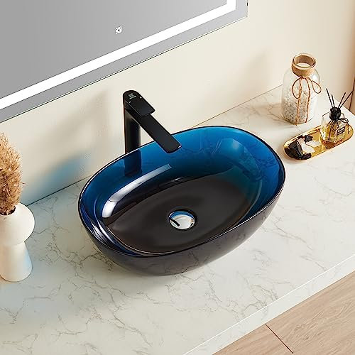 ARTSTONE Fregadero de recipiente de 22.8 x 15 pulgadas con juego de drenaje emergente, fregaderos de baño de resina de piedra sobre encimera, cuencos ovalados para fregadero, azul