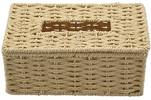 POOSR Rattan Tissue Box, Vintage Serviettenhalter, Koffer Unordnung AufbewahrungsbehäLter Deckel, Wohnzimmer Schreibtisch Dekoration (Beige)