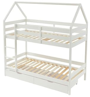 Vente-unique Etagenbett Hütte 2 x 90 x 190 cm – 2 Schubladen – Kiefer – Weiß – Chorii