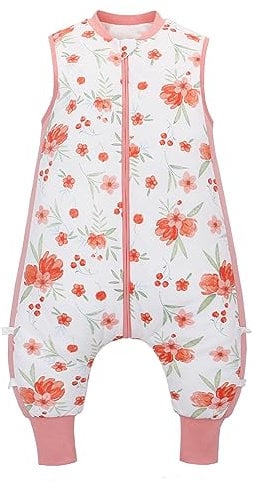 Baby Sleeping Bag with Feet 100% Cotton Winter Sleep Sack with Legs Warm Sleeveless Sleepsuit for Boys and Girls (Pink flowers, L)