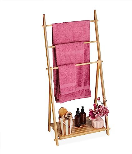 Relaxdays Handtuchleiter Bambus, 3 Stangen, 1 Ablage, HBT: 110 x 53 x 31,5 cm, klappbar, Standhandtuchhalter Bad, Natur