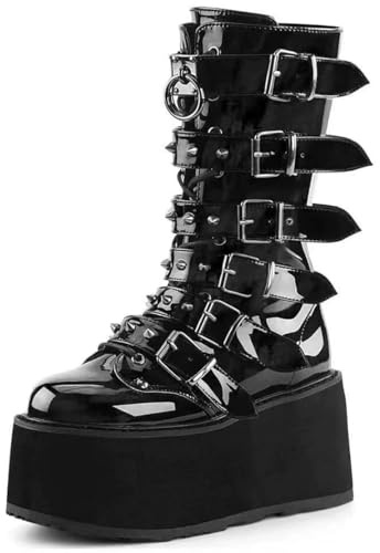 Damen-Gothic-Stiefeletten mit Plateau und Fledermausschnallen, klobige Absätze, runde Zehenpartie, Reißverschluss, Punk-Motorrad-Kampfstiefel, bequeme kurze Gothic-Stiefeletten