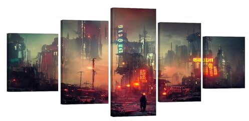 LSIUHWUWI Cyberpunk-Stil in Ruinen, leuchtende Neonlichter, Bilder für Schlafzimmer, Dekoration, 5 Stück, Cyberpunk, postapokalyptische Stadt, Wandkunstdrucke, Gemälde für Schlafzimmer, Büro,