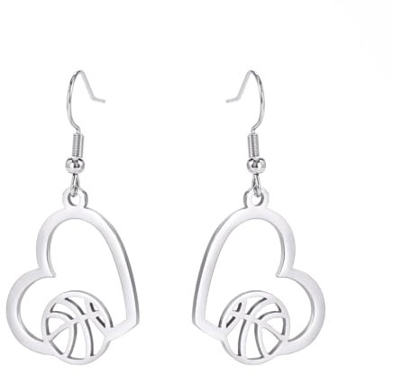 TEAMER Basketball-Halskette, Herz-Basketball-Sport-Anhänger, Edelstahl, einzigartiger Schmuck für Basketball-Liebhaber (Herz Basketball - Ohrring - Silber)
