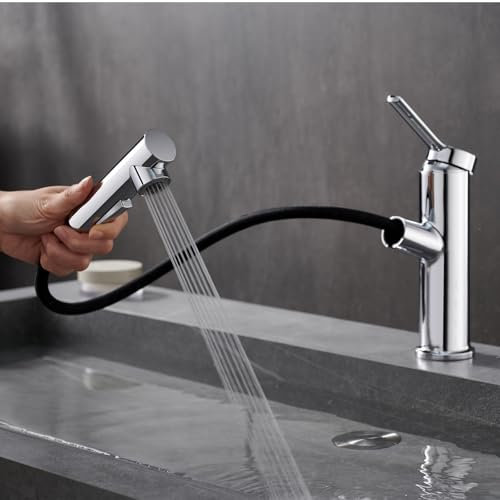 ubeegol Robinet de salle de bain extensible, mitigeur de lavabo avec douchette extractible, mitigeur monocommande pour salle de bain avec bonde, robinet WC, acier inoxydable (Chromé)