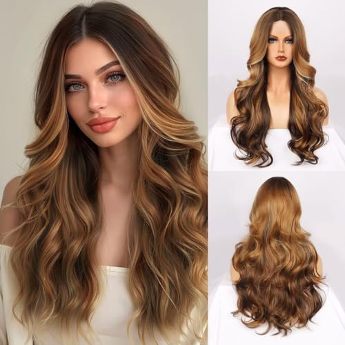 Fulang Hair perücke lang braun und gold, Lange Lockige Hitzebeständige Faser Synthetische Perücke, peruka damen natürlich haare für den täglichen