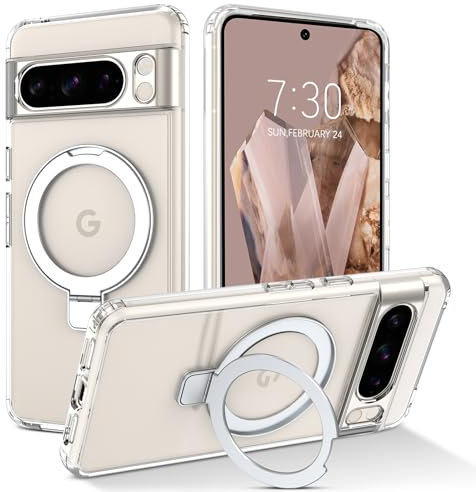 BENTOBEN für Google Pixel 8 Pro Hülle für MagSafe mit Ständer, Transparent, TPU Cover Case mit Magnetischem Ständer Ring, Kabellos, Dünn, Schutz für Google Pixel 8 Pro