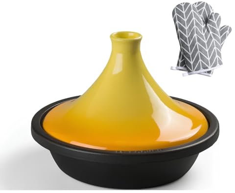 WXFKLDJ Marmite À Tajine en Fonte pour La Cuisson Marmite À Tajine De 3,65 litres avec Base en Fonte Émaillée Et Couvercle en Céramique Comprend des Gants Anti-Brûlure,Jaune