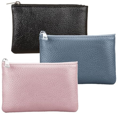 DKDDSSS 3 pezzi Portamonete, Portamonete con Cerniera, Piccolo Portafoglio da Donna, Portamonete in Modello Litchi, per Le Donne Carta di Credito ID Chiave Auricolare (Nero Blu Rosa)