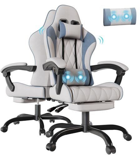 Flamaker Gaming Stuhl Stoff mit Fußstütze, Massage Computer Bürostuhl mit Linkage Armlehnen, Hohe Rückenlehne Ergonomischer PC Racing Chair für Erwachsene, Blau/Hellgrau