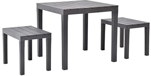 HEFZGDB Gartentisch mit 2 Bänken Kunststoff Braun Gartenstühle Gartenmöbel Set Gartentisch Geeignet für Terrasse, Garten, Pool.