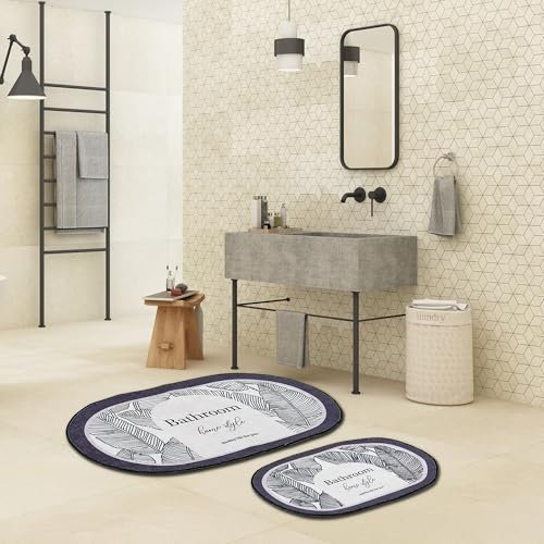 miqna Blattmuster Badematte Set, Rutschfester Boden Weiches, Wasserabsorbierendes 2-teiliges Badezimmerteppich Set (Earth Surface, 60 x 100 cm - 50 x 60 cm)