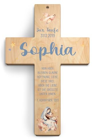 Taufkreuz personalisiert aus Holz Taufgeschenk Mädchen Junge 13x20cm - Jesuskind in der Krippe - Birkenholz Look