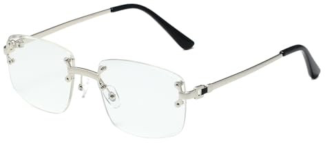 Ggpyyon Retro Rimless Rectangle Sunglasses for Women Men Trendy Gold Metal Frameless Square Sun Glasses Eyewear(Silver/Clear)