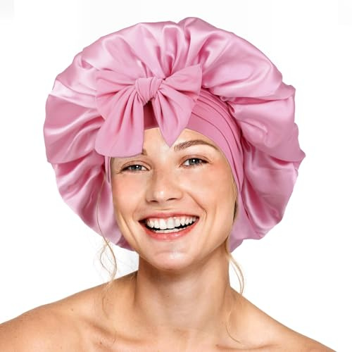 Silk Bonnet for Sleeping Women - Double Layer Satin Hair Bonnet With Elastic Tie Band, Adjustable for Curly Hair (Light Rose Pink)