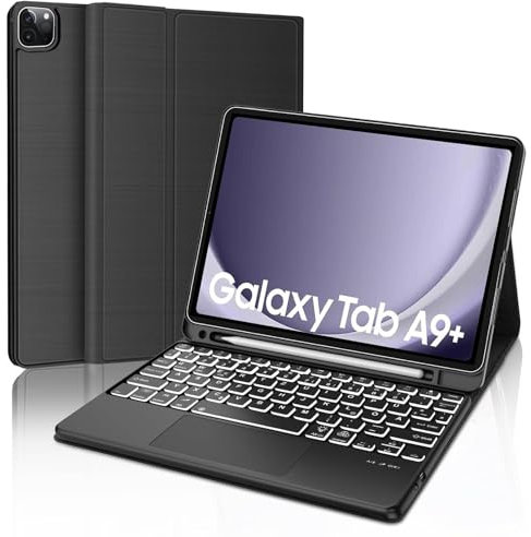 WINCHKING Tastatur Hülle für Samsung Tab A9 Plus 11 Zoll, 7 Farben Beleuchtete, Kabellose Abnehmbare Keyboard mit Touchpad, QWERTZ Layout Tastatur für A9 Plus 11 Zoll, Schwarz