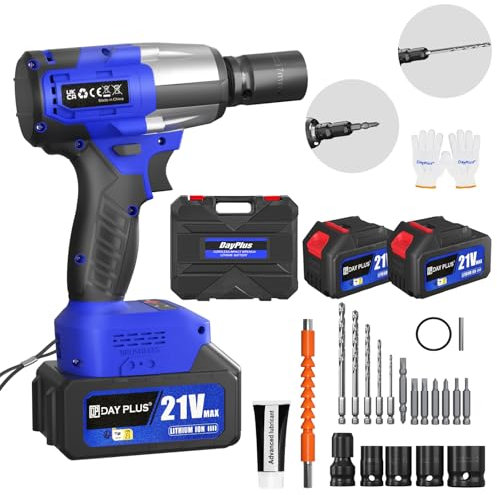 Cordless Impact Wrench Brushless 1/2 Inch Power Impact Gun, 3-in-1 Power Electric Wrench Max Torque 450N.m with 4 Socket Set, 21V Drill Set with 2x3.0Ah Battery & Fast Charger, Carry Box for Car Home