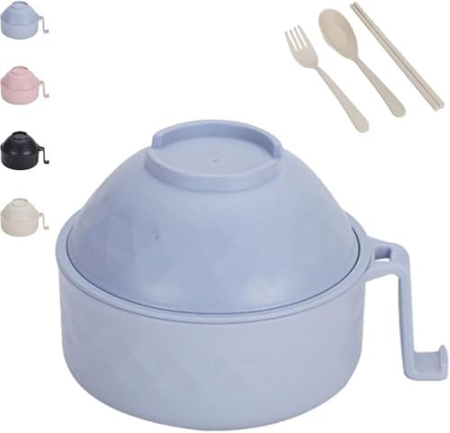 Generic Ramen Noodle Bowls Microwavable Set with Lid, Instant Microwave Bowls with Handles, Chopstick & Fork, Large Soup Cups Cooking with Soup Mup, College Dorm Room Essentials (Blue)