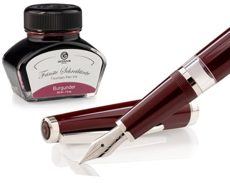 Octopus Cleo Skribent Classic Palladium, Füllhalter-Set, Kolben-Füllhalter, M-Feder und 30 ml Tinte burgunder