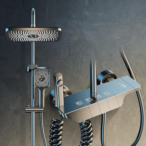 Duschsystem mit Thermostat - Dusche Komplett inkl Regendusche Duschkopf Mischbatterie Handbrause Brausestange & Schlauch, Duschset mit Armatur | Grau