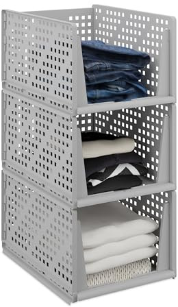 Relaxdays Wardrobe Organiser, Set of 3, Stackable Storage Boxes, 24.5 x 33.5 x 43.5 cm, Pull-Out Design, Grey