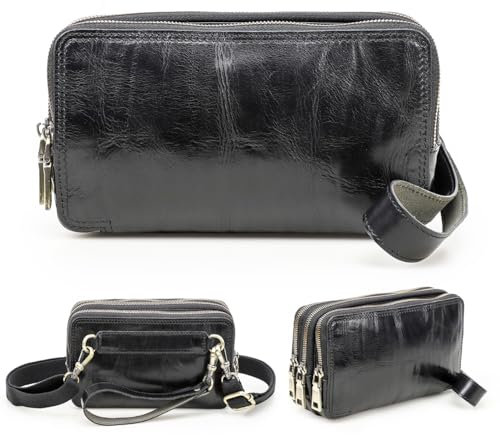 Contacts Pochette in vera pelle con cinturino da polso a 3 ZIp, unisex, piccola borsa a tracolla, pochette, borsa a tracolla per donna/uomo, Nero , Small