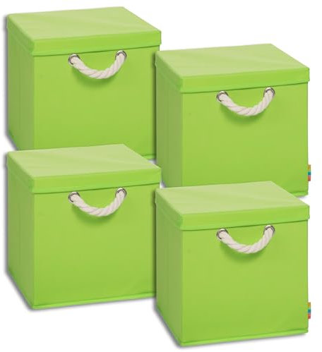 Storanda | 4er Set Aufbewahrungsbox mit Deckel | Kordel Griffband | Stabile & Faltbare Boxen | Regalboxen für Würfelregal Kallax | Ideal für Zuhause & Kinderzimmer | 31x31x30 cm | Apfelgrün