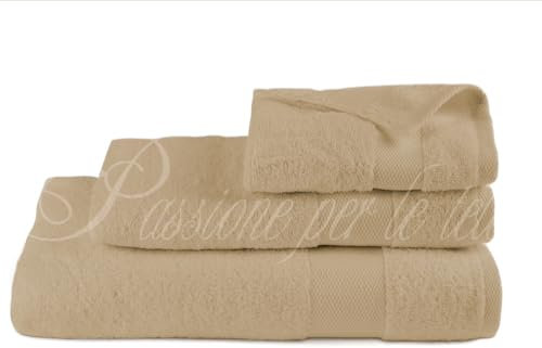 Passione per le tele Set Asciugamani in Spugna 3 pezzi Tris Bagno Viso 60x110 Ospite 40x60 Telo Doccia 100x150 in Cotone 100% Spugna 600 gr/mq (FASCIA beige)