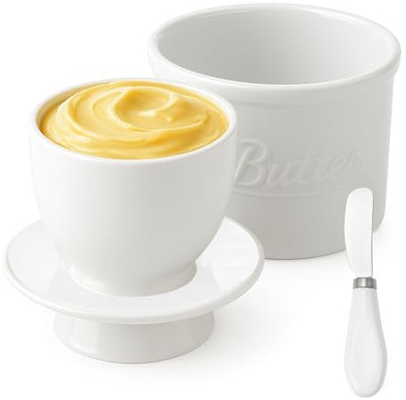 Beurrier Ceramique avec Couteau Beurre - Beurrier à Eau avec Couvercle, Pot à Beurre avec Refroidissement, Pot Beurre Français Porcelaine pour Conserver le Beurre Frais (Blanc, 6 oz)