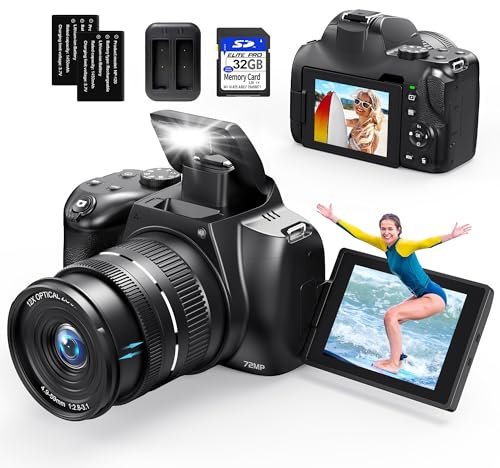4K Digital Cameras for Photography, 12X Optical Zoom 72MP Vlogging Camera for YouTube with 270°Flip Screen, Autofocus & Anti-Shake Cameras, Wi-Fi & App-Controlled 4K Camera, 2 Batteries, 32GB SD Card