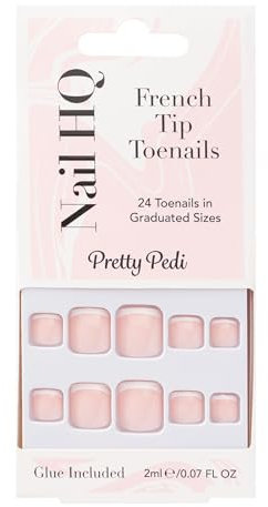Nail HQ French Tip Press-On Toenails – 24pcs Short Square False Toenails with Glue – Strong, Long-Lasting, Vegan & Cruelty-Free