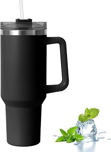 40oz Stainless Steel Tumbler, Double Wall Vacuum Insulated with Straw and Lid and Handle, Travel Coffee Mug, Water Bottle, Reusable Thermal Cup, Fit in Cup Holder (Premium Black)