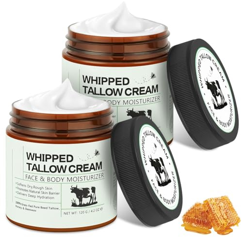 BUTBU 2 Pcak Beef Tallow Creme, Rinderfett Creme 120g, Rindertalg creme Und Honigbalsam, Tiefe nhydration, beef tallow skincare für Gesicht, Körper und Trockene Haut, Schnelle Absorption