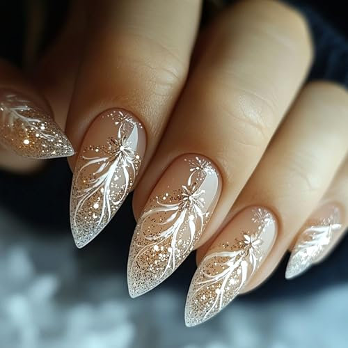 Ceboic 24 Stück Rosa French Press on Nails Mandel Mittel, Glitzer Schneeflocken Künstliche Nägel Stiletto Französische Nägel Zum Aufkleben, Wiederverwendbare Acryl Full Cover Kunstnägel für Frauen