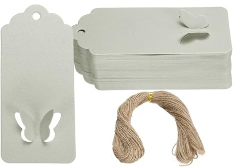 PATIKIL 100Stück Geschenkanhänger Mit Schnur Wellenförmige Oberseite Grau | Leere Papieranhänger Mit Juteschnur, Rechteckige Ausgeschnittene Schmetterlinge, Für Geburtstagsfeiern Hochzeit