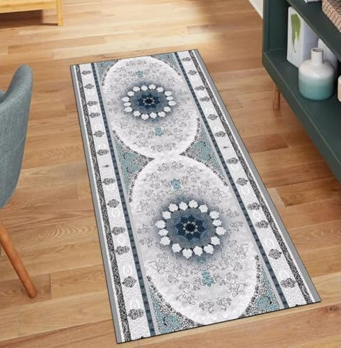 QQrunner Grau rutschfest Teppichläufer, Vintage 100x1100CM Teppich Läufer Flur Waschbar Kücheteppich Meterware Lang Korridor Polyester Wohnzimmer Schmutzfangmatte