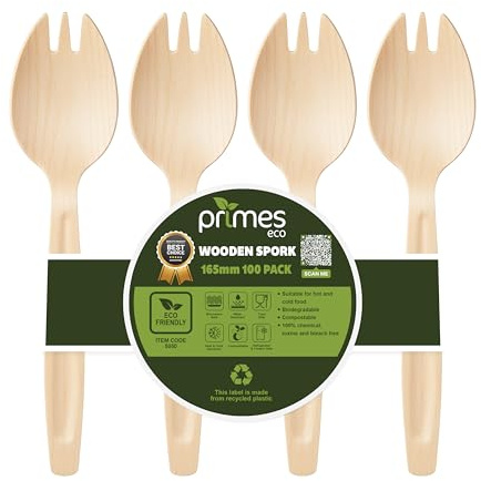 PRIMES ECO Disposable Birch Wood Spork 165mm – Single-Use Wooden Cutlery for Hot & Cold Foods, Parties, Catering, Events, Takeaway Meals, Picnic & Food Service Use (100, Sporks | 16.5cm)