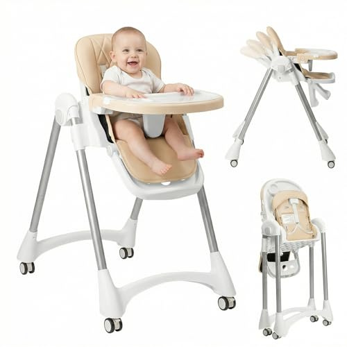 Hochstuhl Baby, kinderhochstuhl mit 5-Punkt-Sicherheitsgurt, Höhenverstellbar Kombihochstuhl, 4-fach verstellbare Rückenlehne Baby Hochstuhl, Hochstuhl Verstellbar, Klappbar Reisehochstuhl, Beige