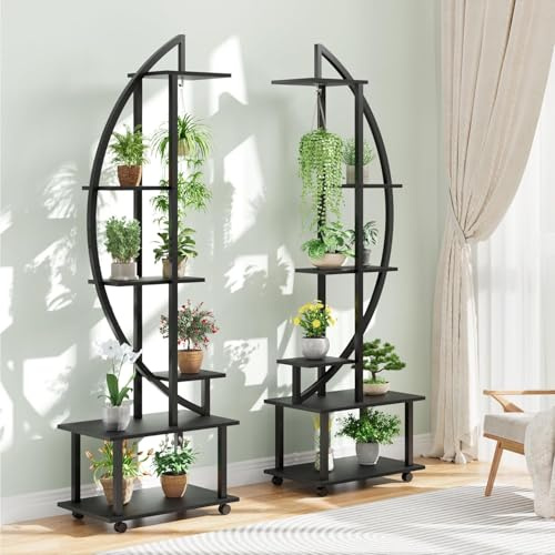 Garvee Lot de 2Pcs Support de Plante en Métal à 6 Niveaux | Étagère à Fleurs avec Crochet et Roulettes, Porte Plantes en Forme de Demi-Lune avec Dispositif Anti-Renversement
