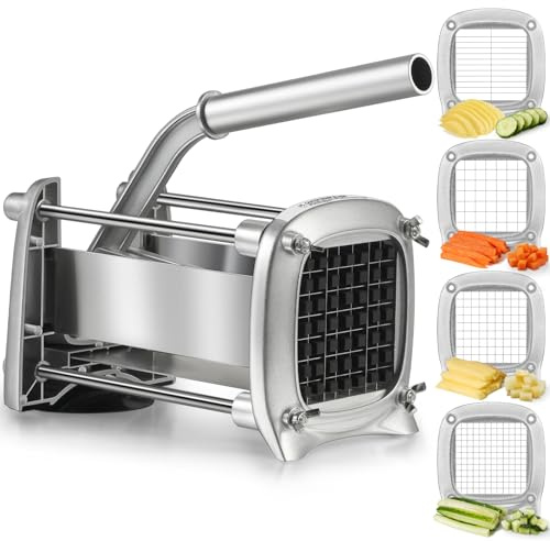 Coupe Frite Professionnel,Sopito Coupe Frites Manuel 4 Lames | Inox , Lames Interchangeables, Poignée Ergonomique, Base Ventouse, Compatible Lave-Vaisselle, Rangement Compact