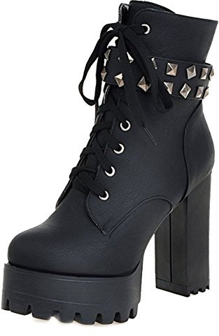 Smilice Damen Plateau Stiefeletten mit hohem Blockabsatz und Niete (Schwarz, 39 EU)
