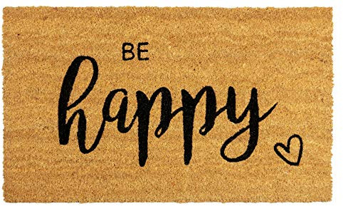 LA KO Kokosmatte Cocoprint Colori 45 x 75 cm - handgefertigte Bedruckte Fußmatte aus nachhaltigen Kokosfasern und rutschsicheren PVC-Rücken (Sprüche be Happy)