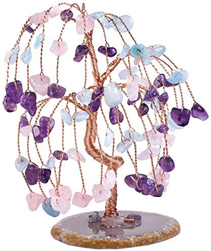 mookaitedecor Amethyst Aquamarine Rose Quartz Crystal Tumbled Stones Money Tree, Gemstone Feng Shui Ornaments Willow Healing Crystal Tree Gift Colourful Bedroom Accessories, Agate Slice Stand